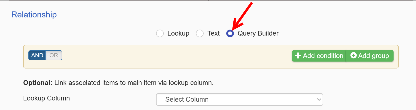Query Builder relationship in Associated item