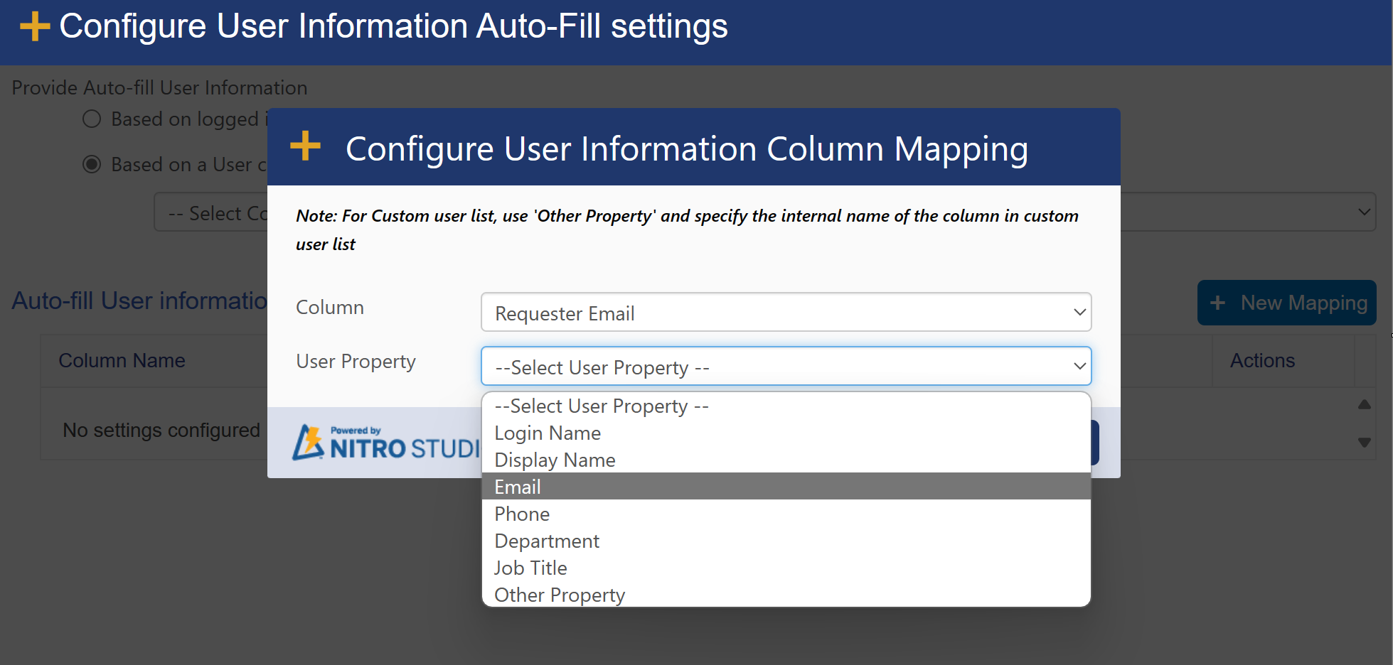 User information column mapping