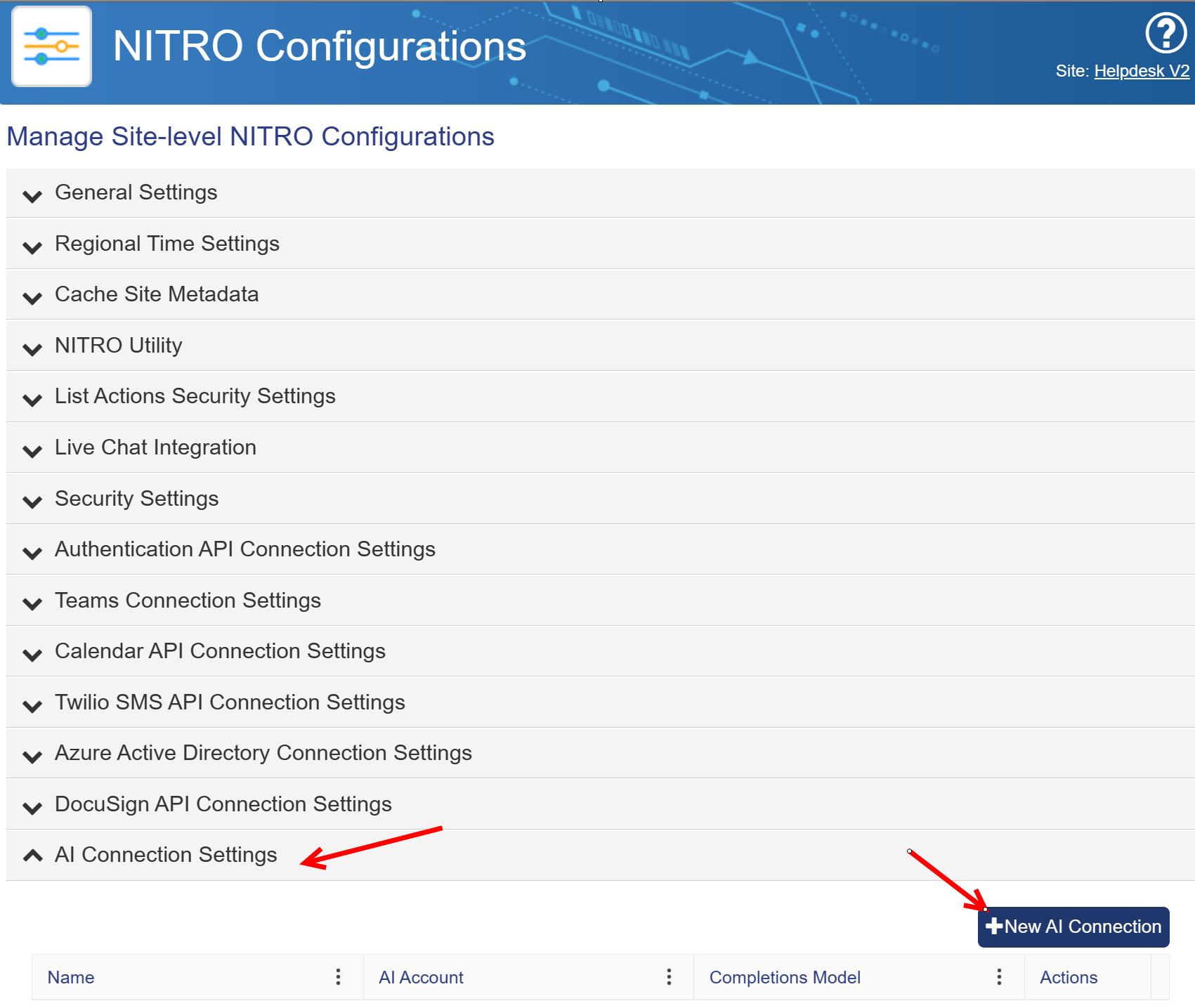 Nitro site settings page
