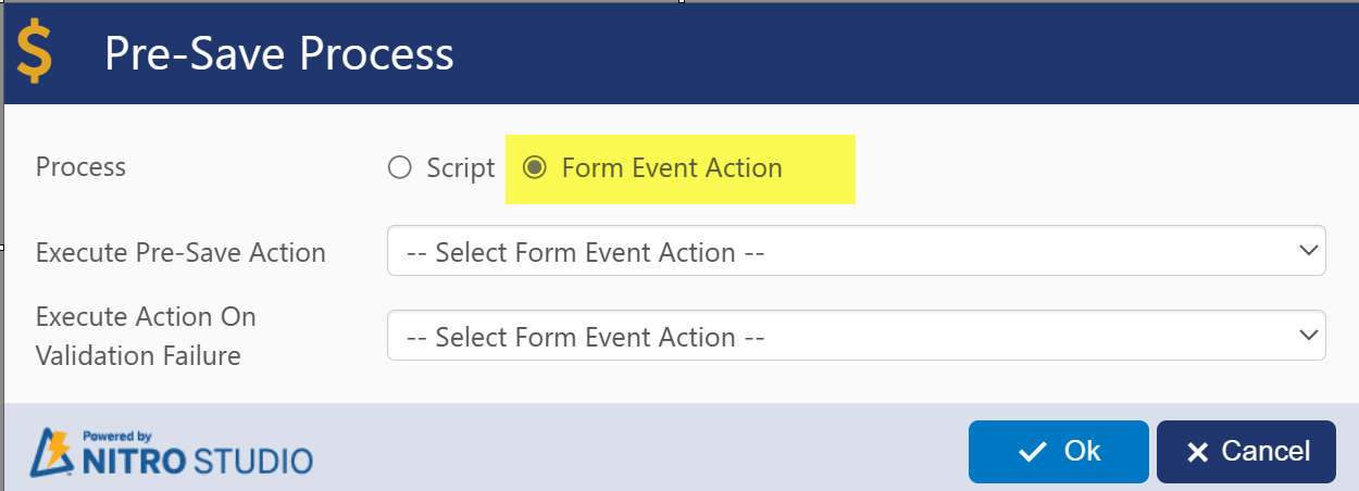 Form event action for submit button