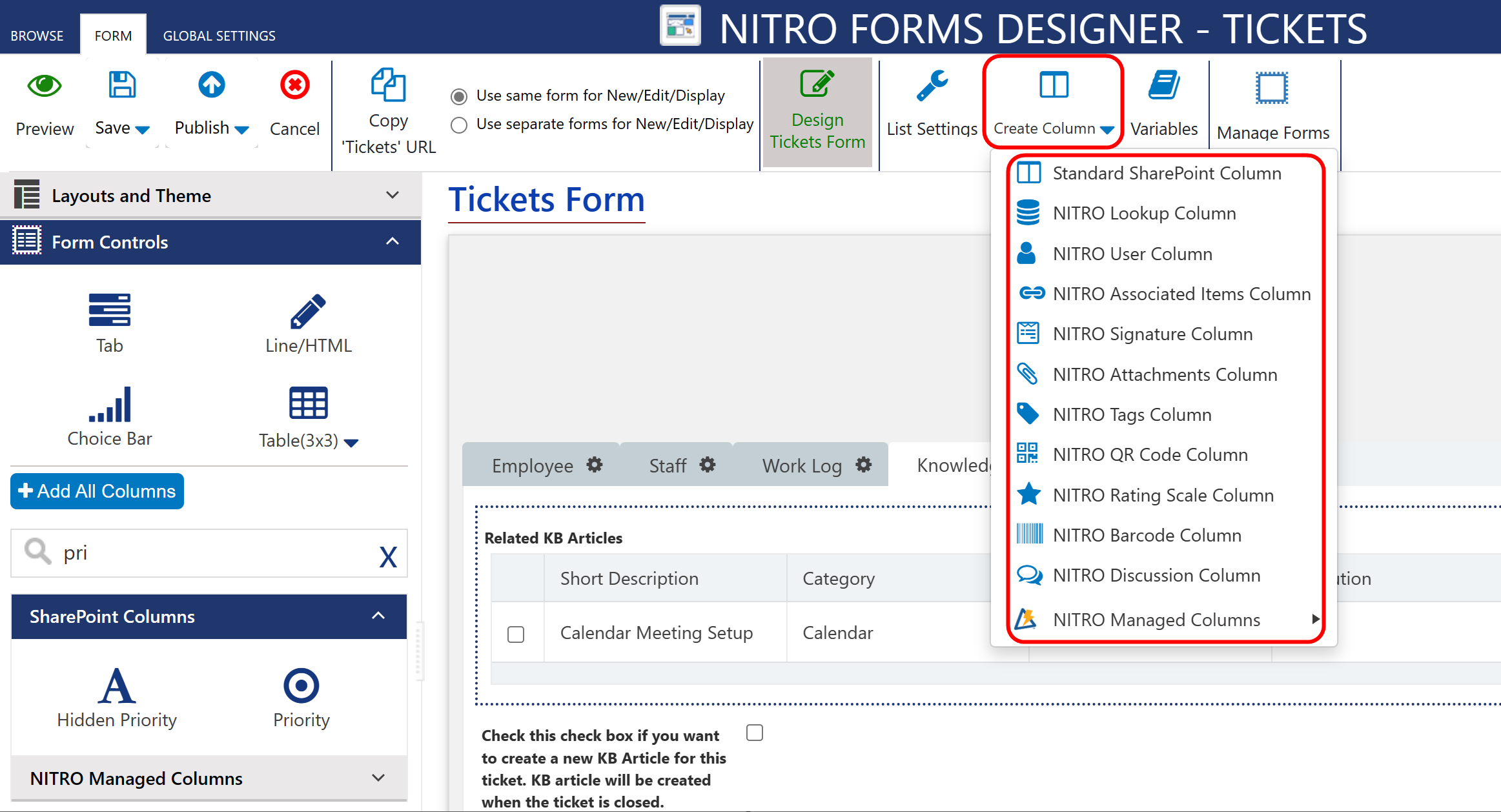 Create column in NITRO form