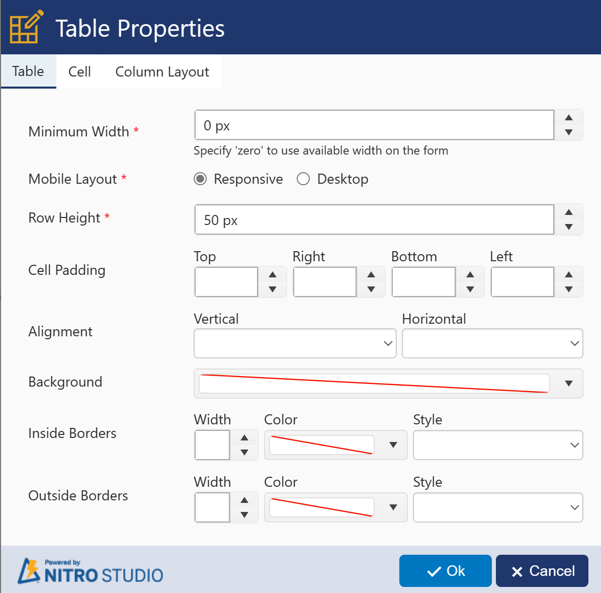 Table properties in table layout