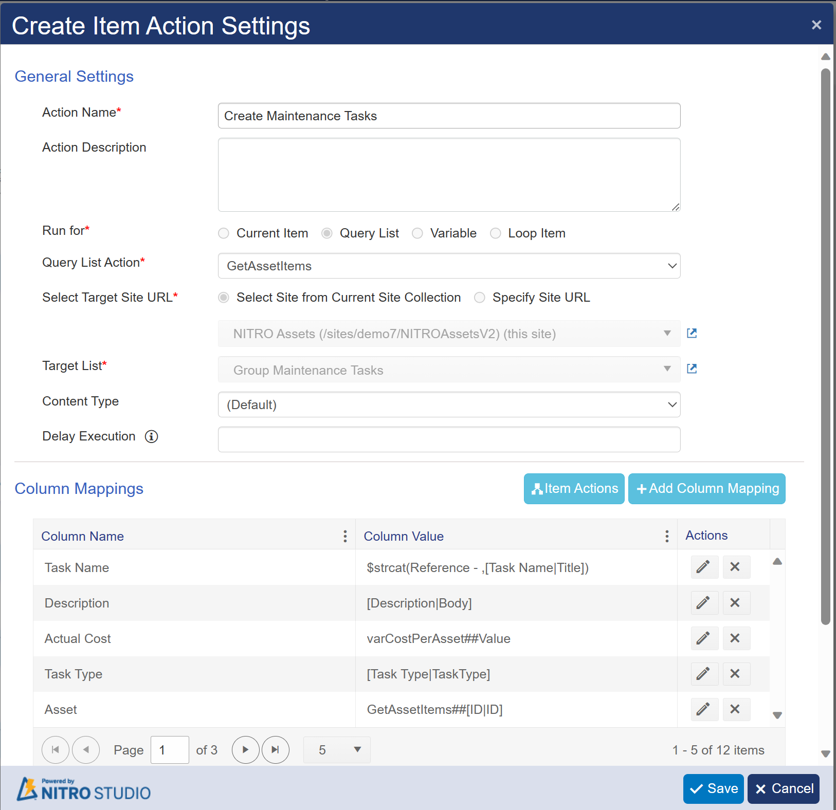 Create item action with column mapping