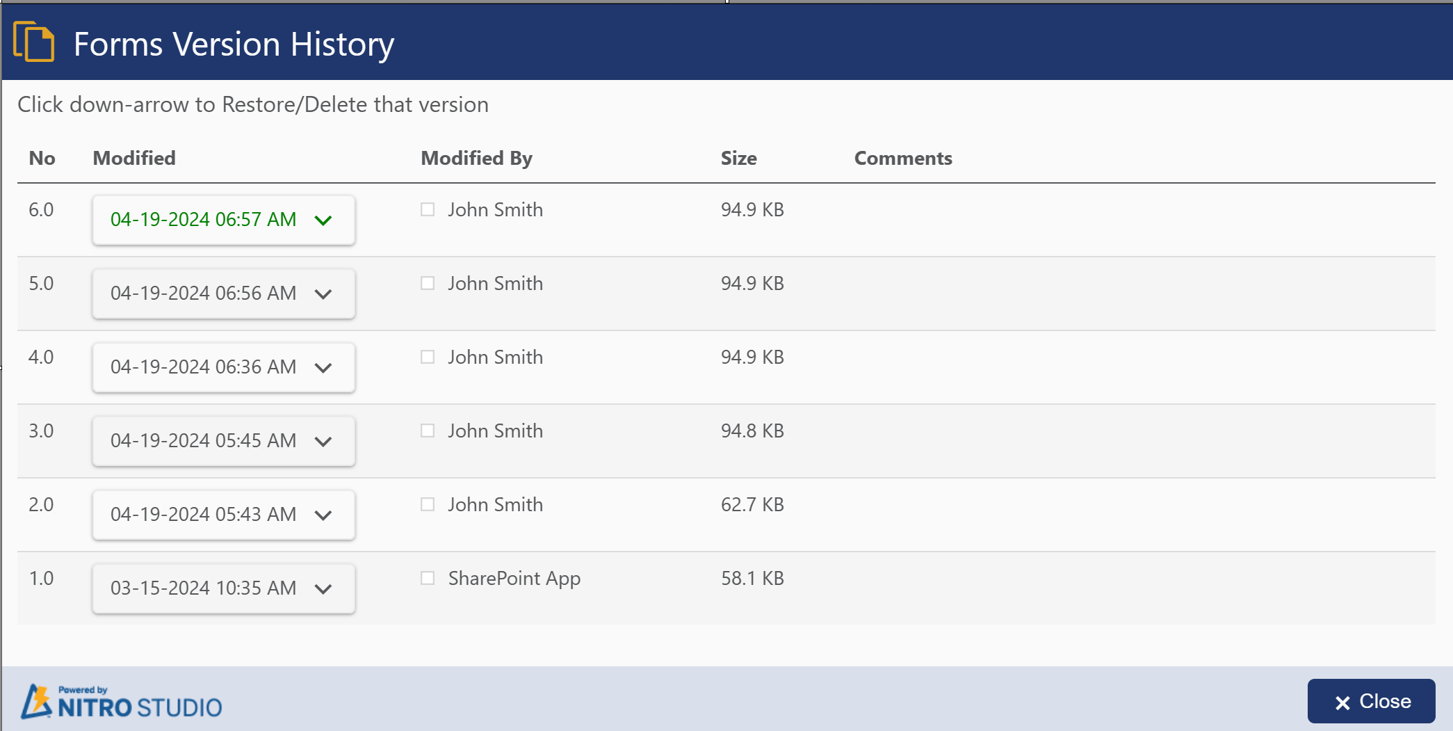 Form version history