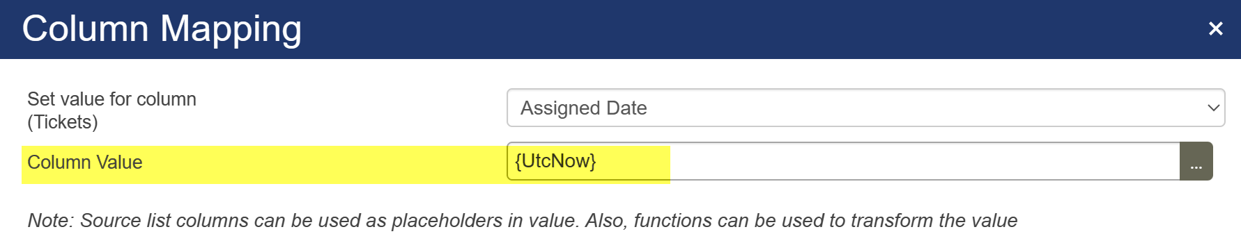 UTCNow in field mapping