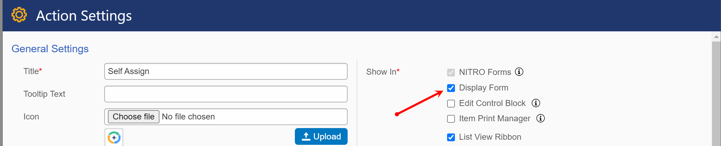 Check Display for in custon action setting