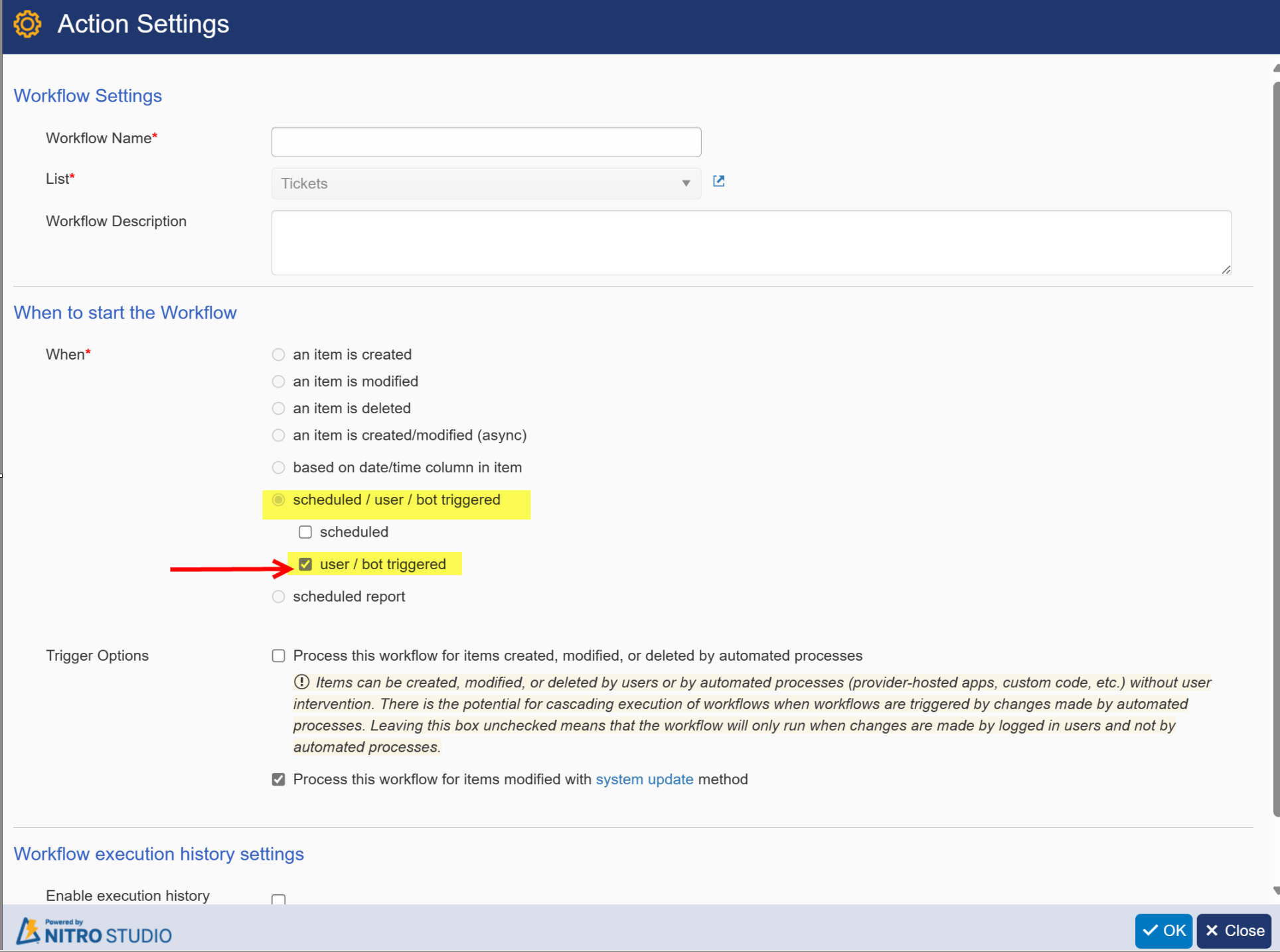 CA Workflow setting screen