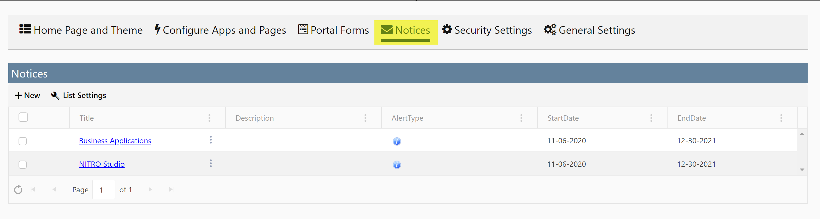 Notices in classic portal list
