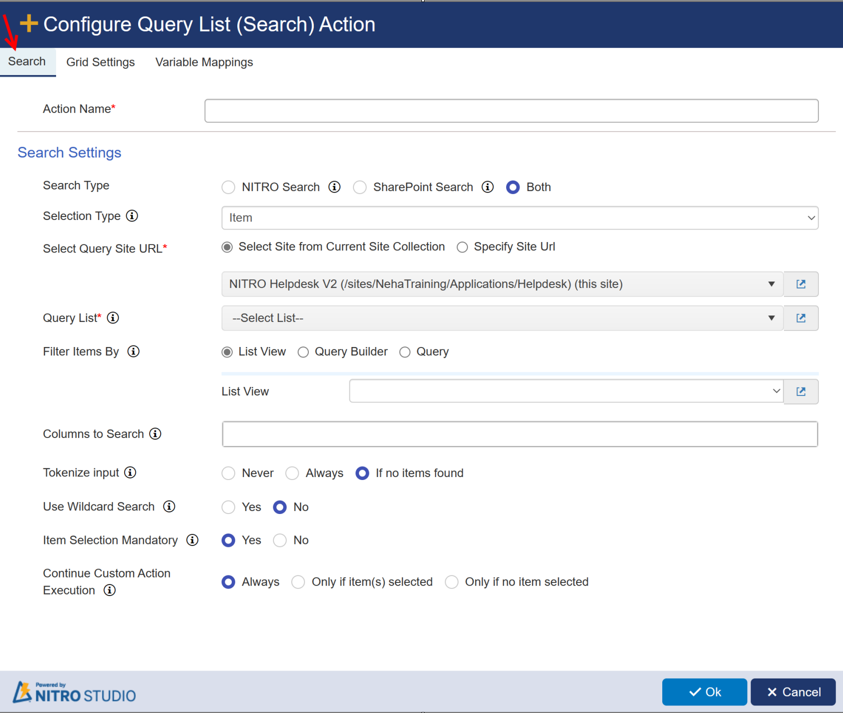 Query list search action