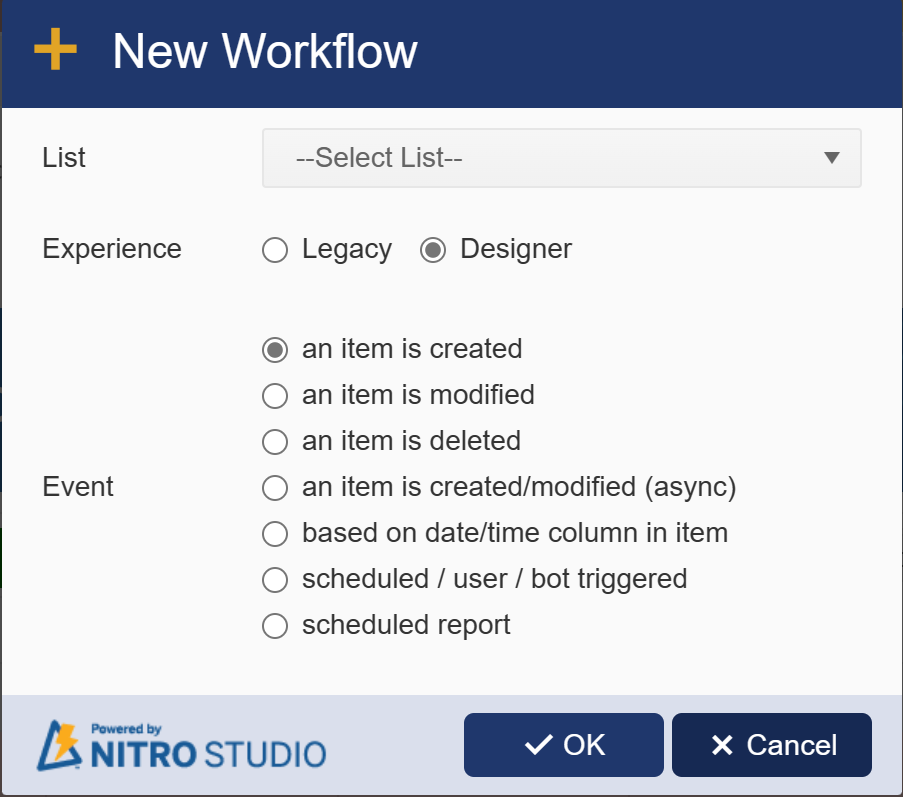 New workflow window