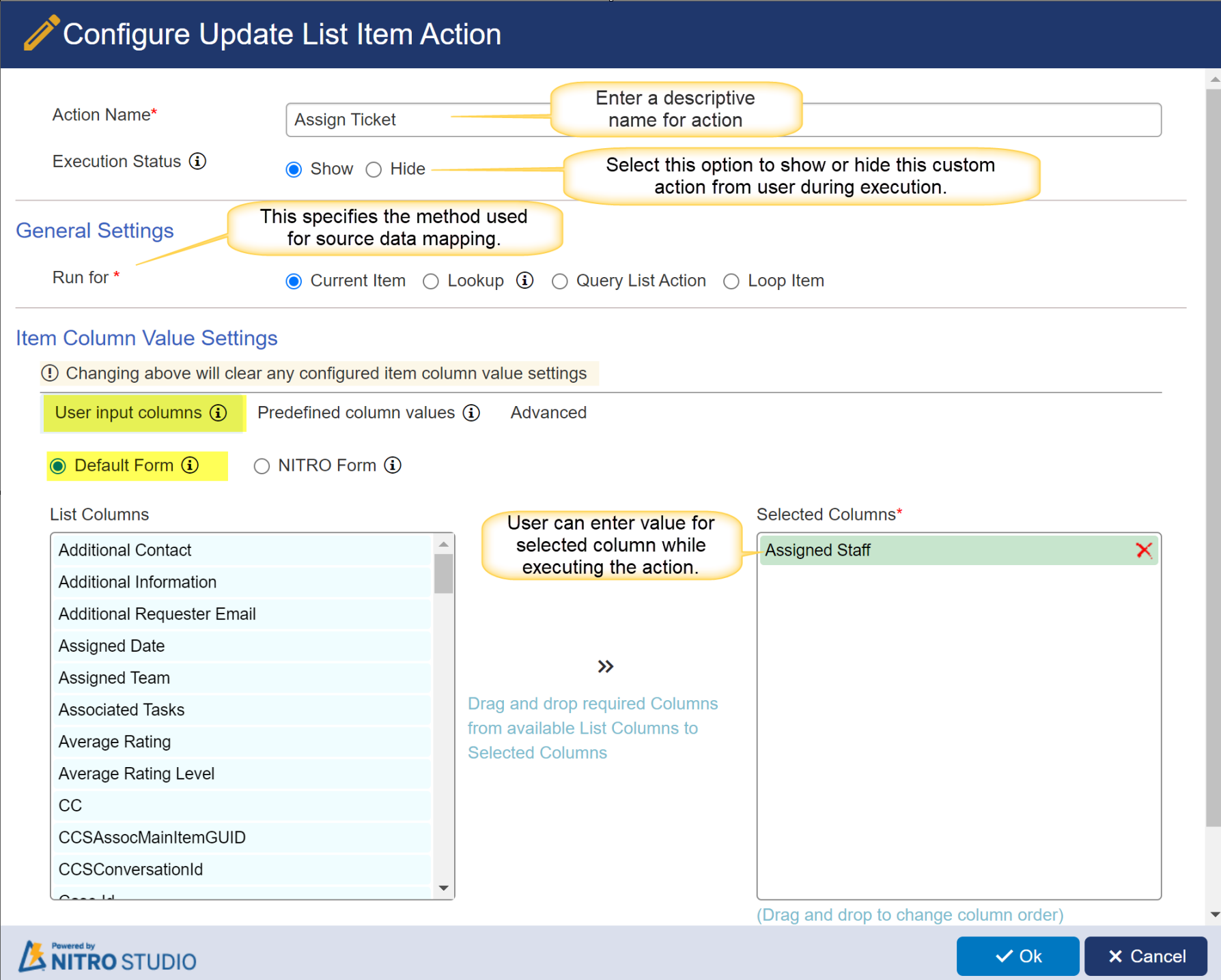 Update action with User defined column