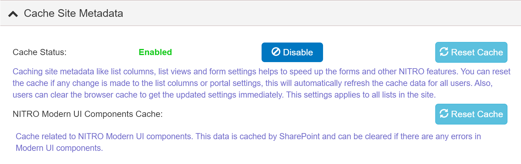 Cache site metadata