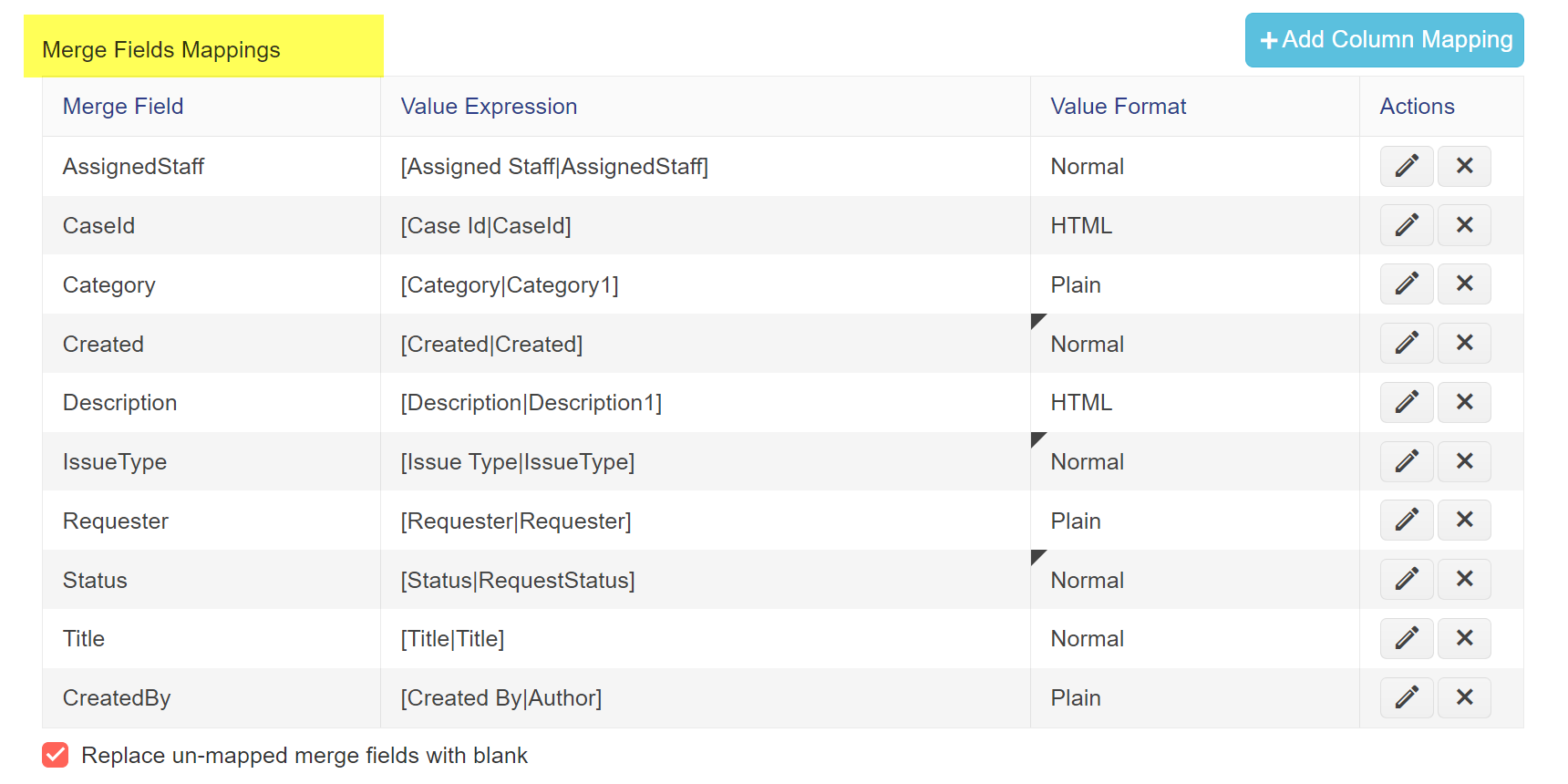 Sample merge fields