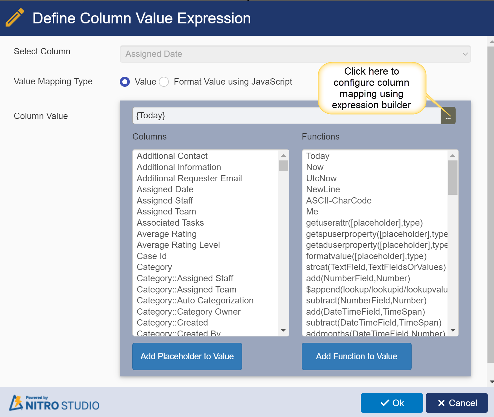 Column mapping in update action