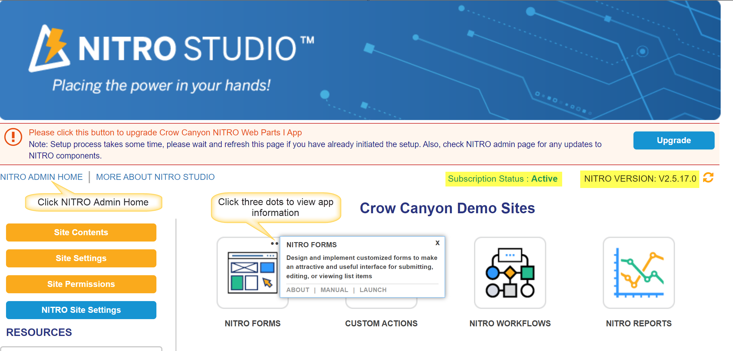 NITRO Studio Admin Page