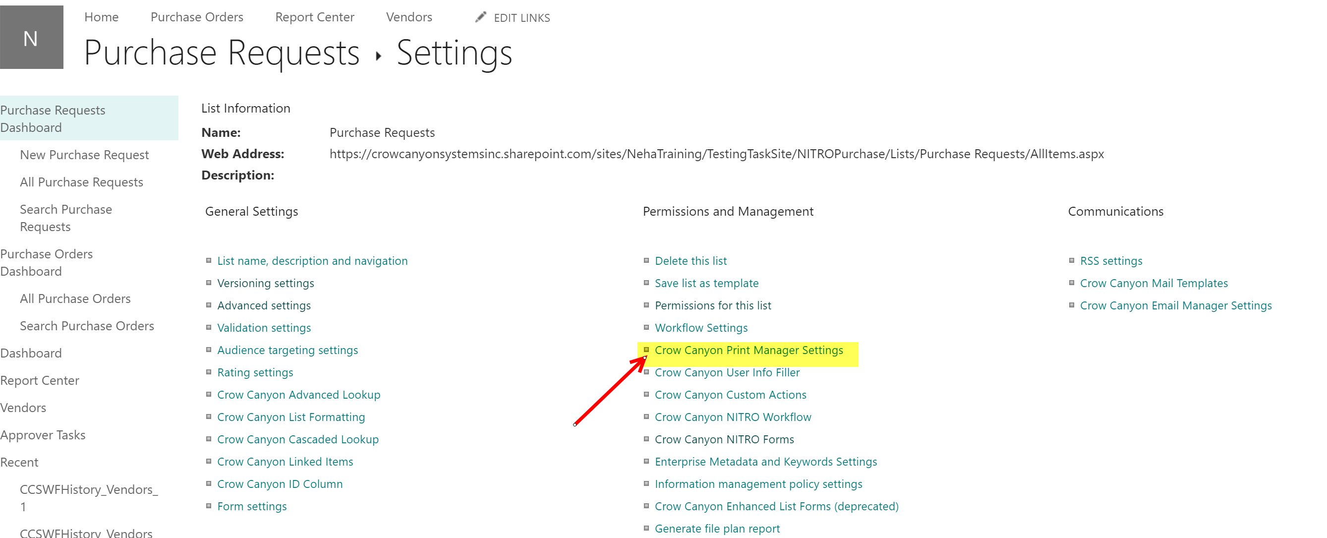 Print manager from list settings