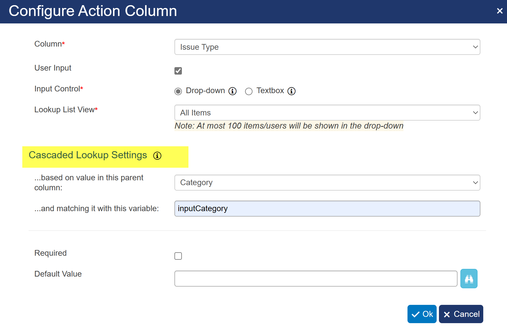 Cascading lookup settings