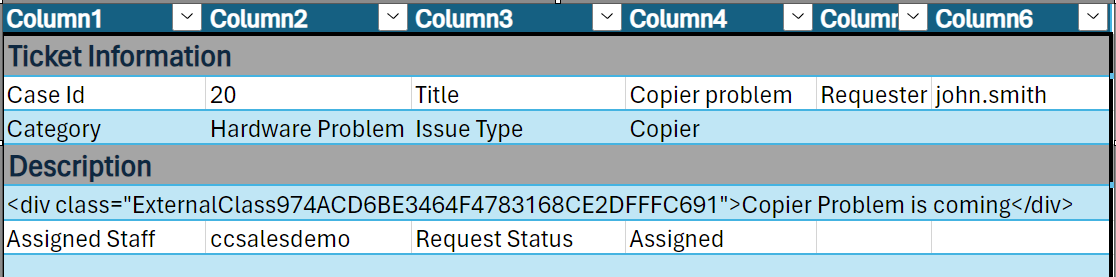 Excel sample output