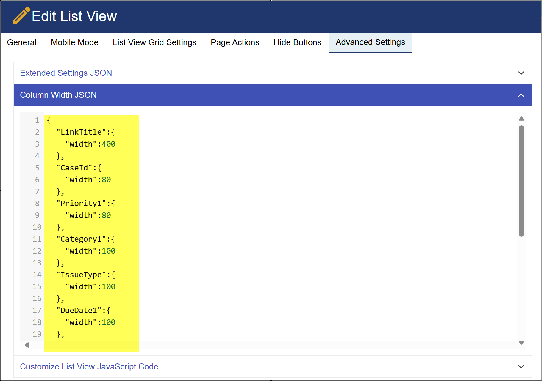 Column width JSON