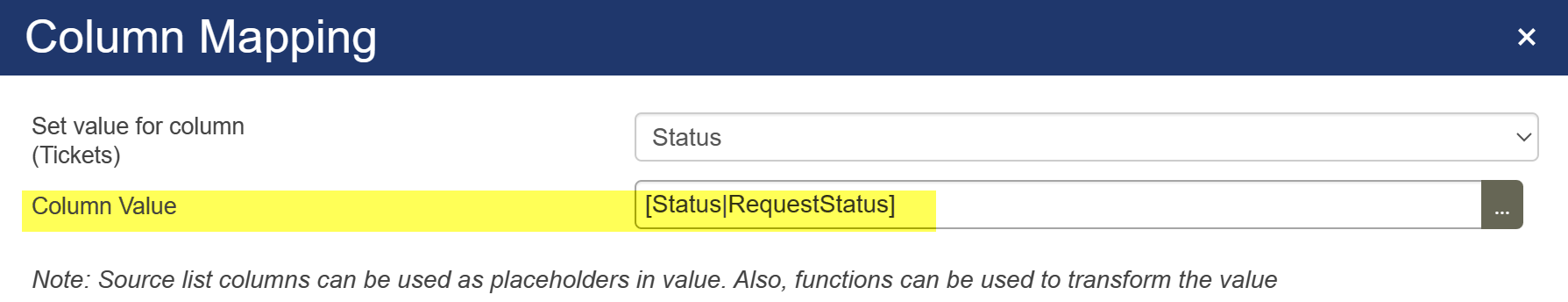 Column placeholder in field mapping