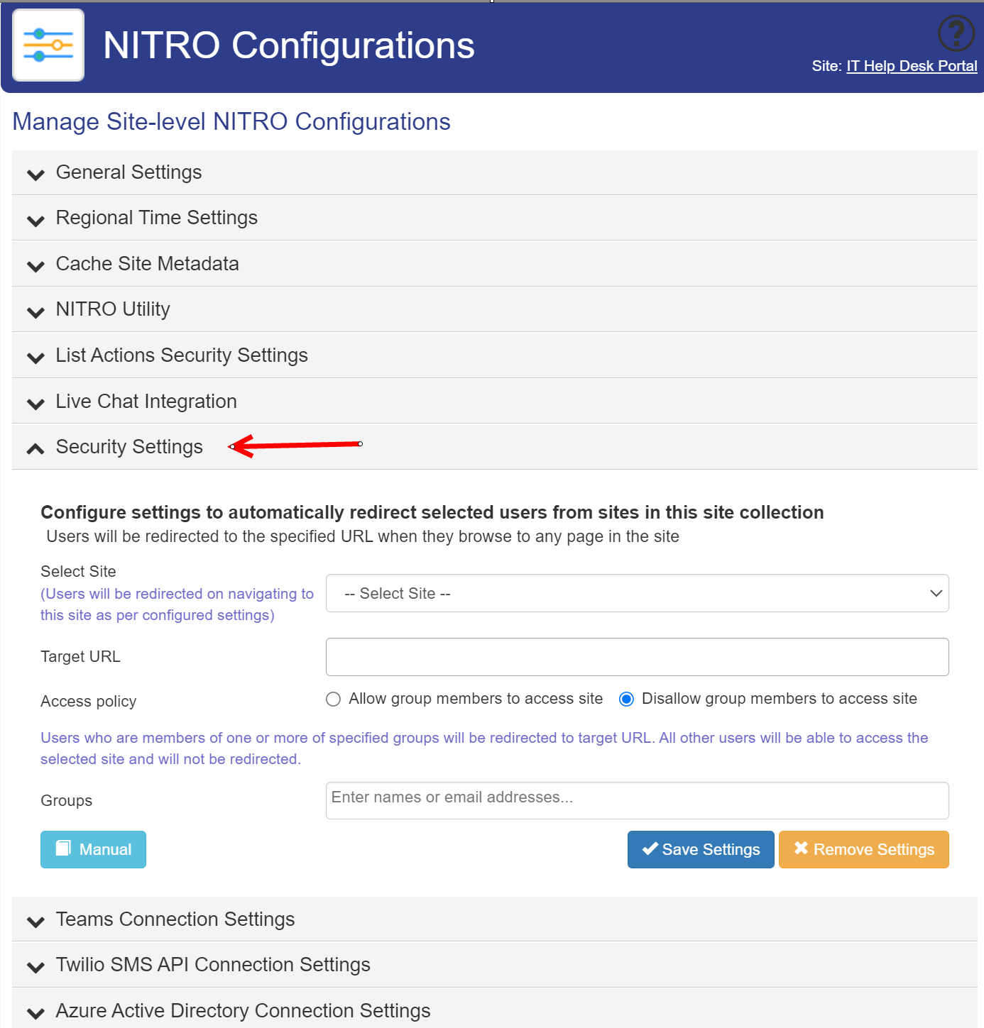 NITRO site security settings