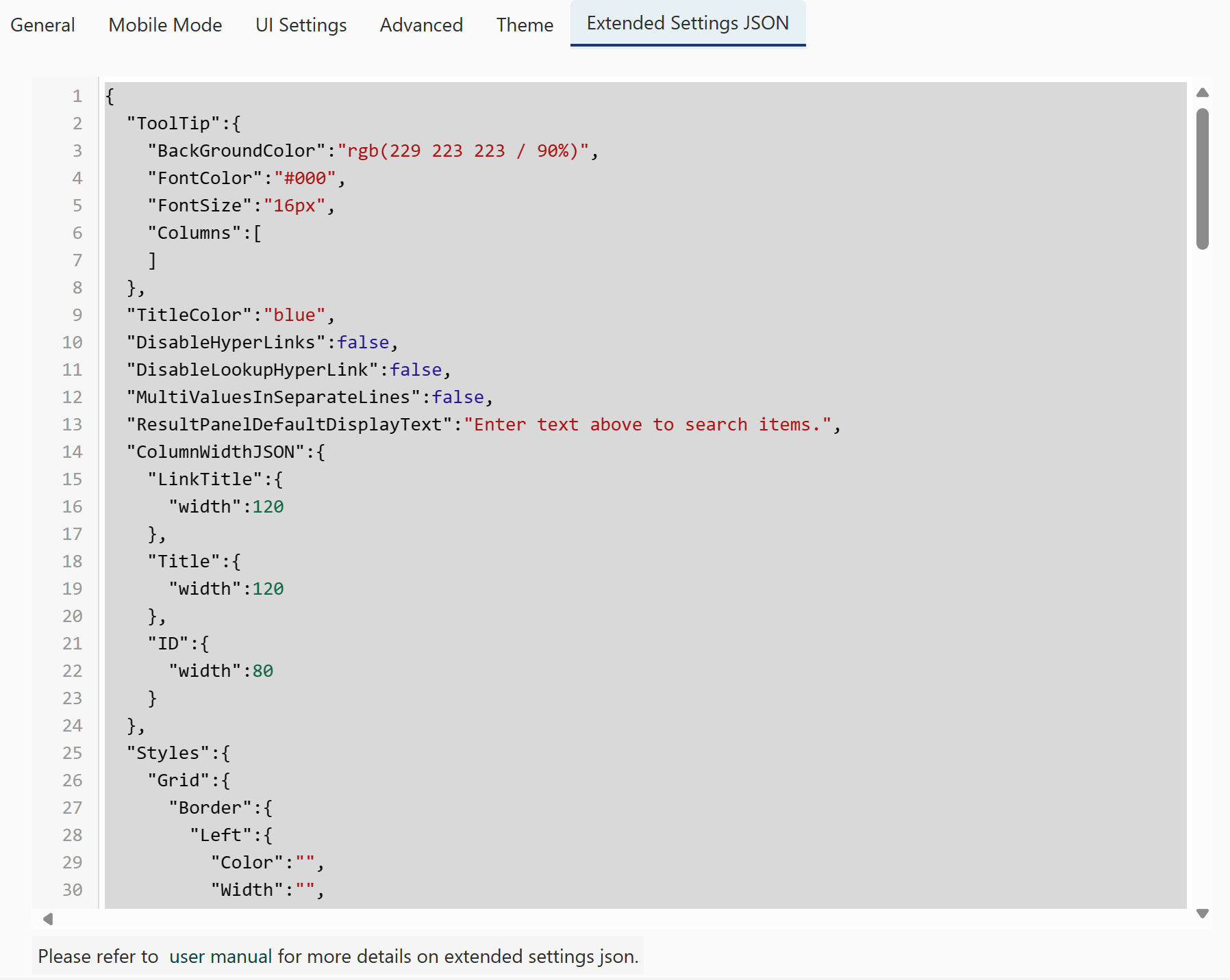 Extended settings JSON 1