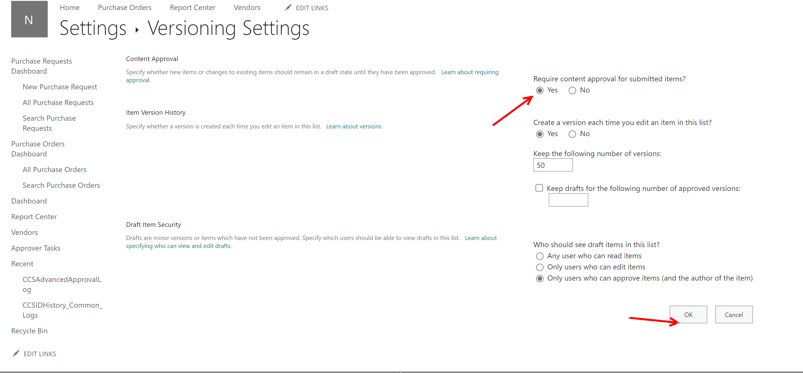 Versioning settings