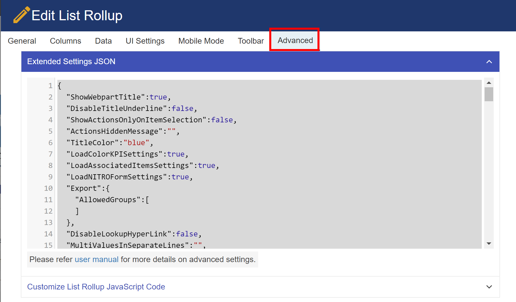 Advanced settings in list rollup