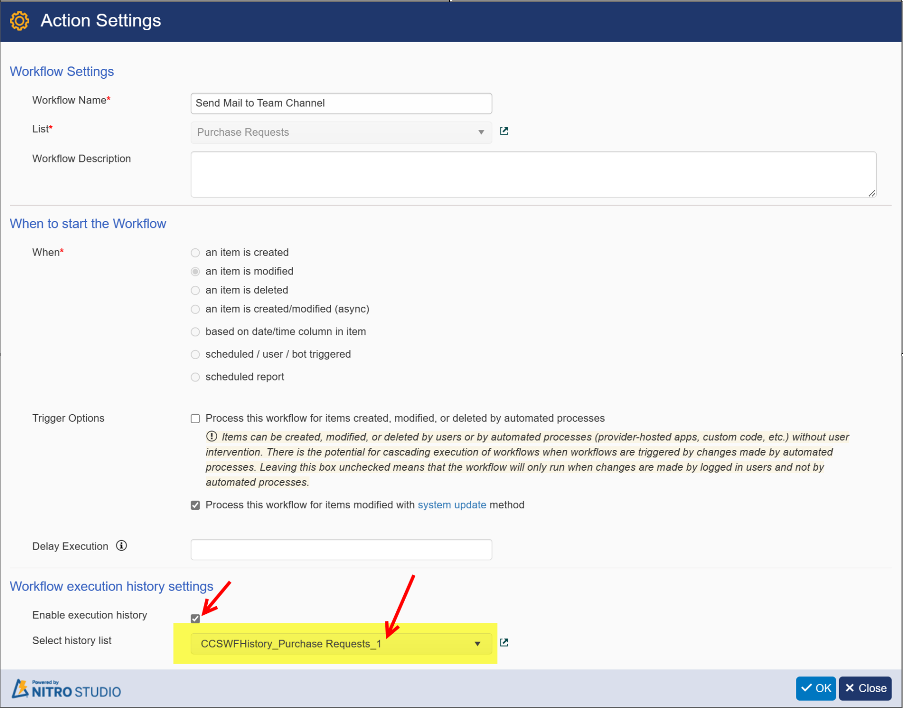 select logs list in workflow action setting