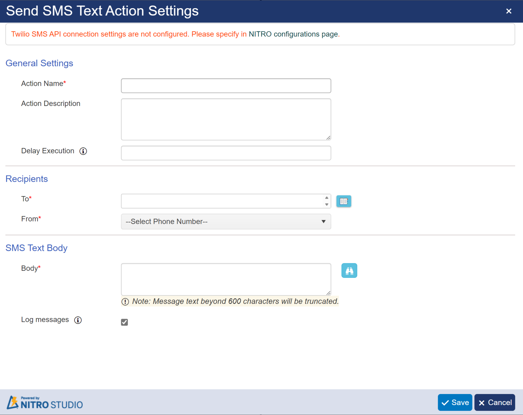 Send SMS Action in Designer