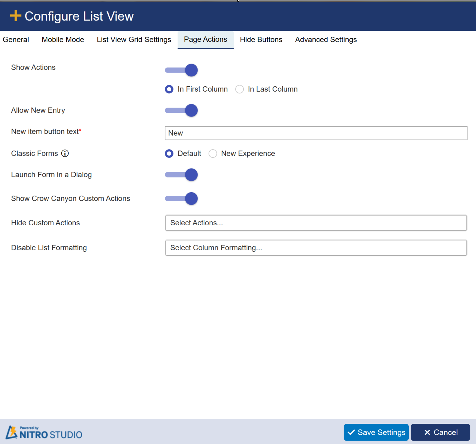 List View Page Actions