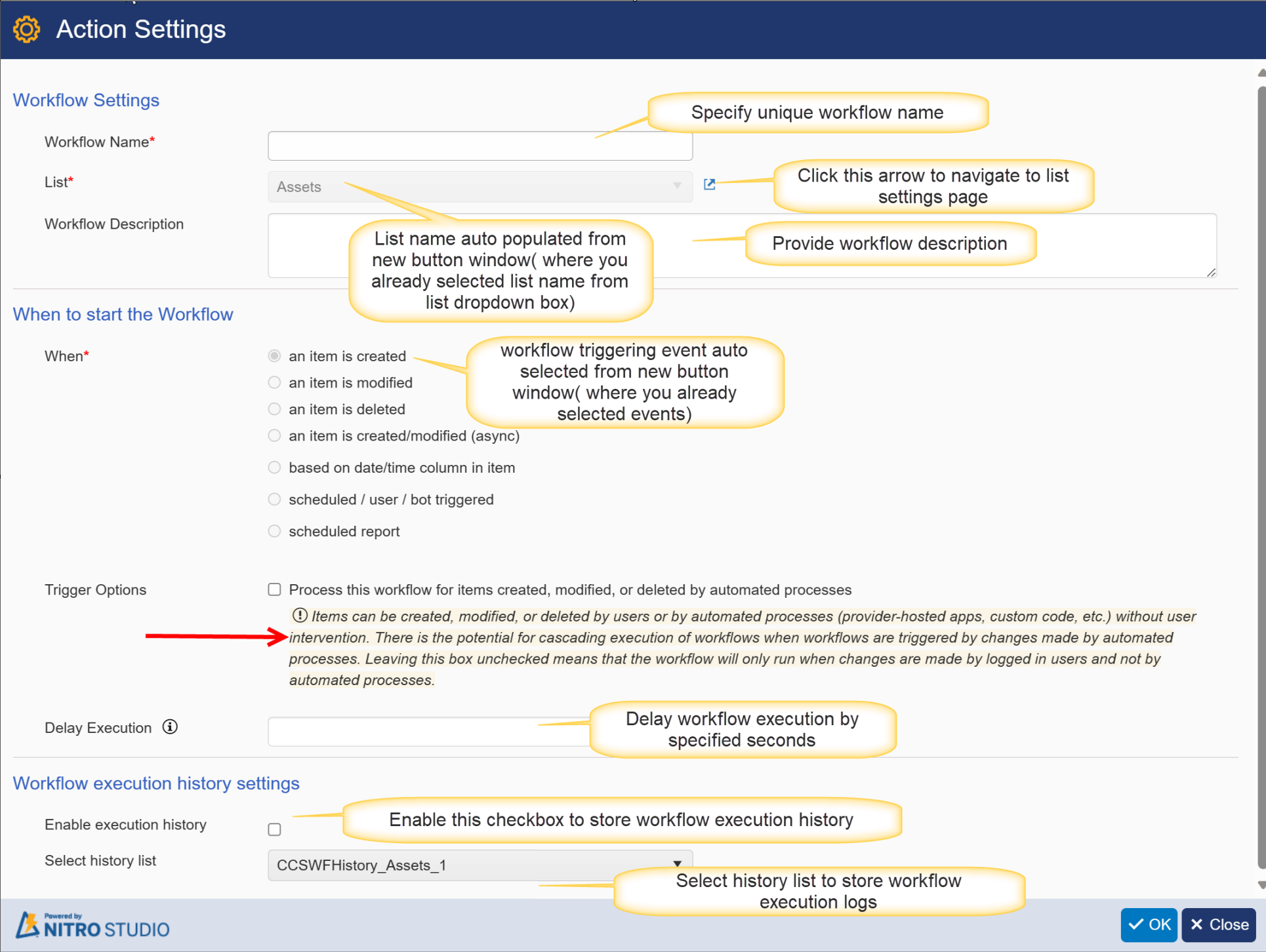 workflow action setting page