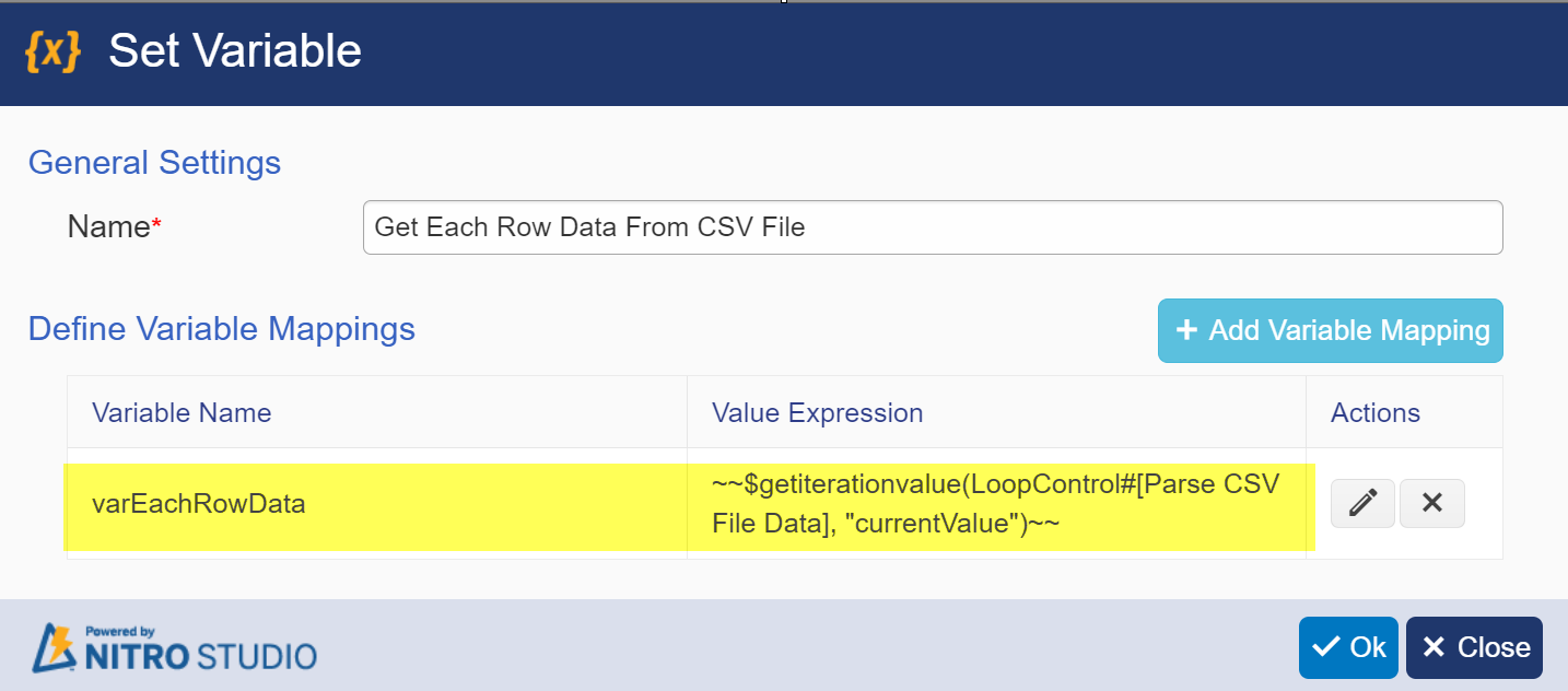 Set Variable values