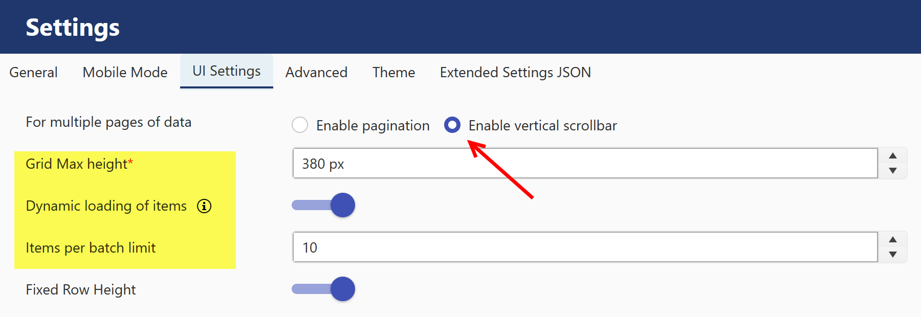 Verticle scrollbar fields