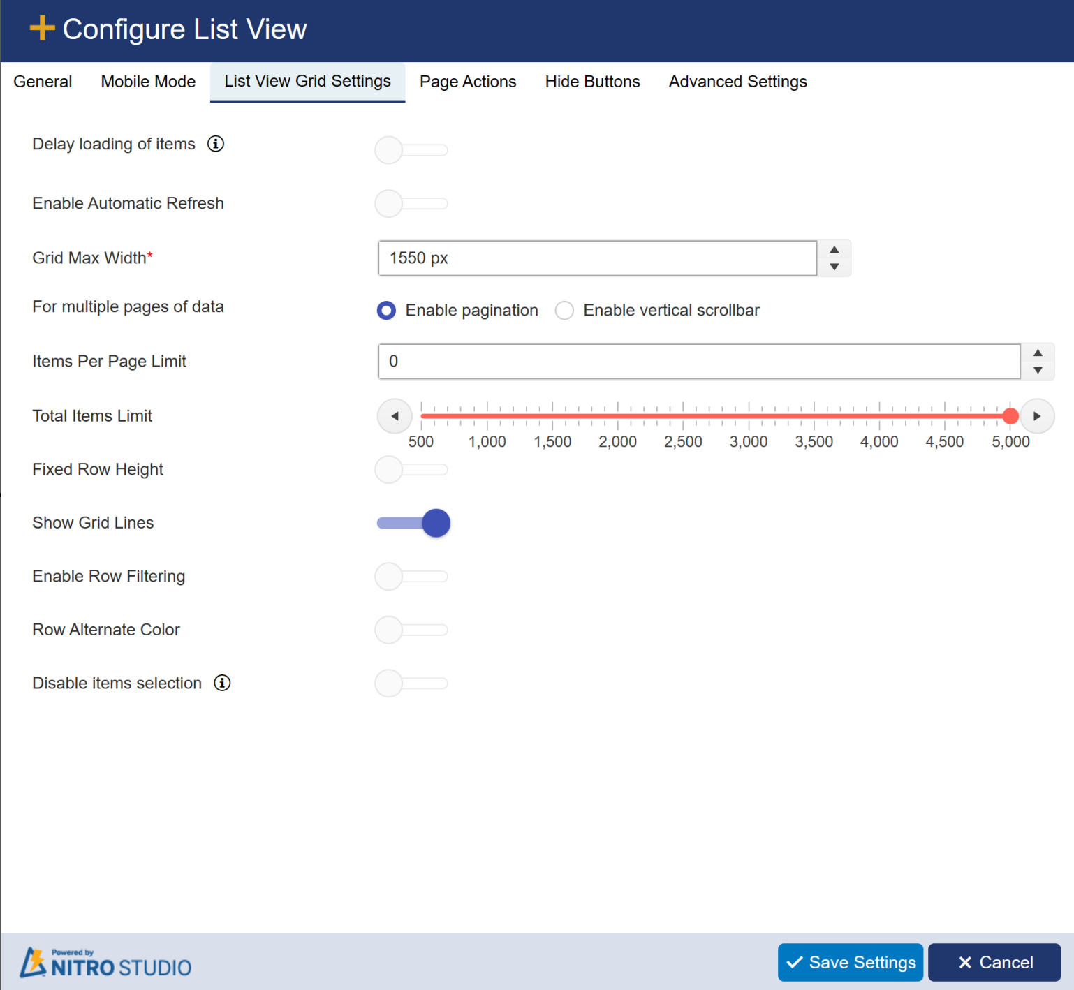 List view grid setting