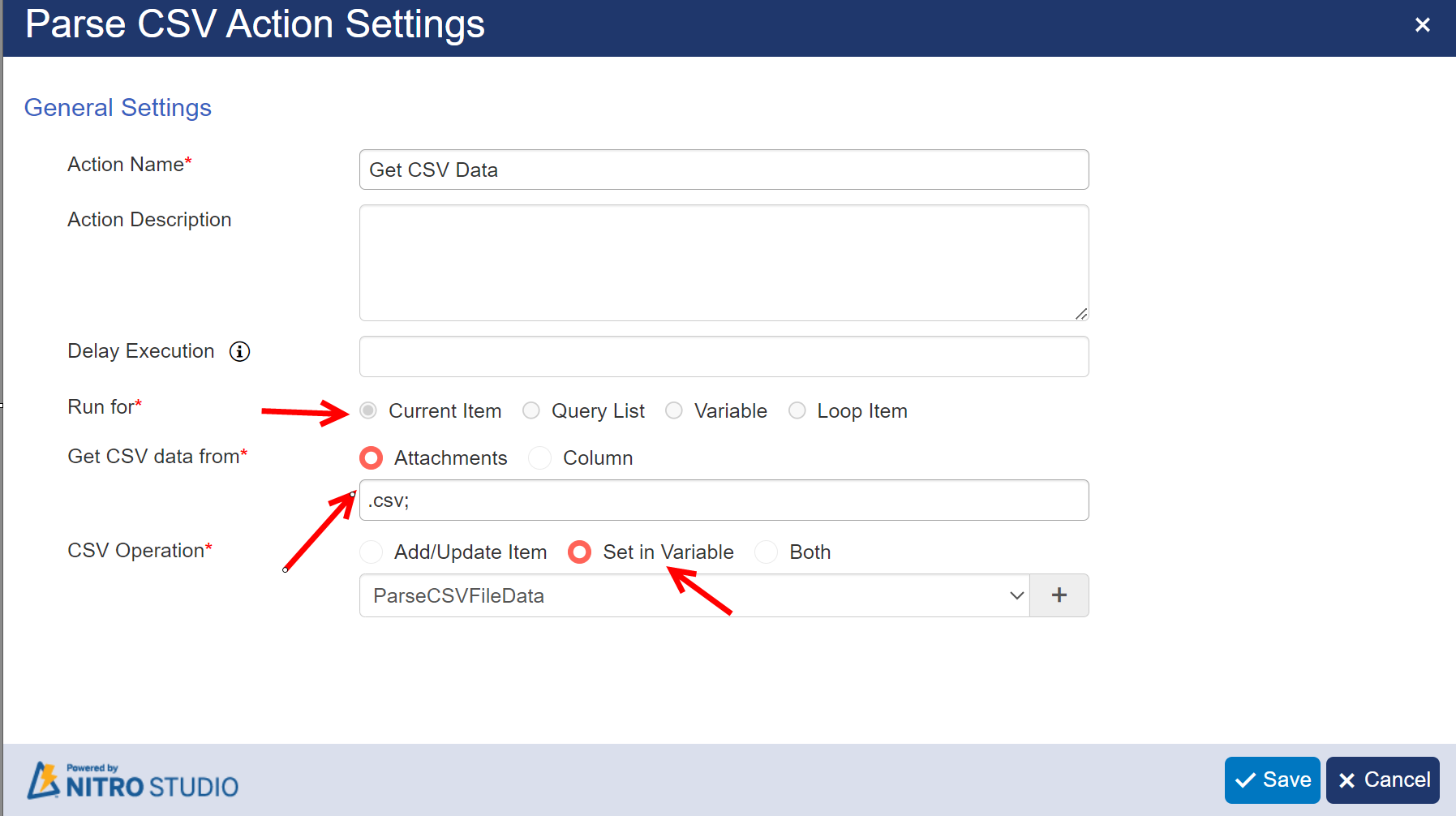 Parse CSV Action Setting