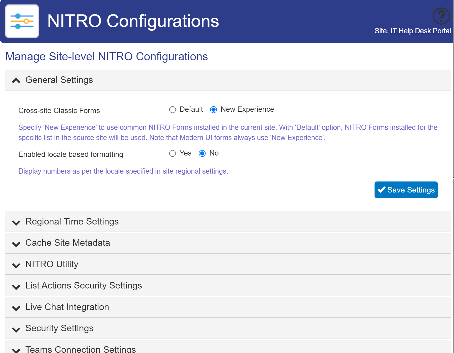nitro site settings in general setting
