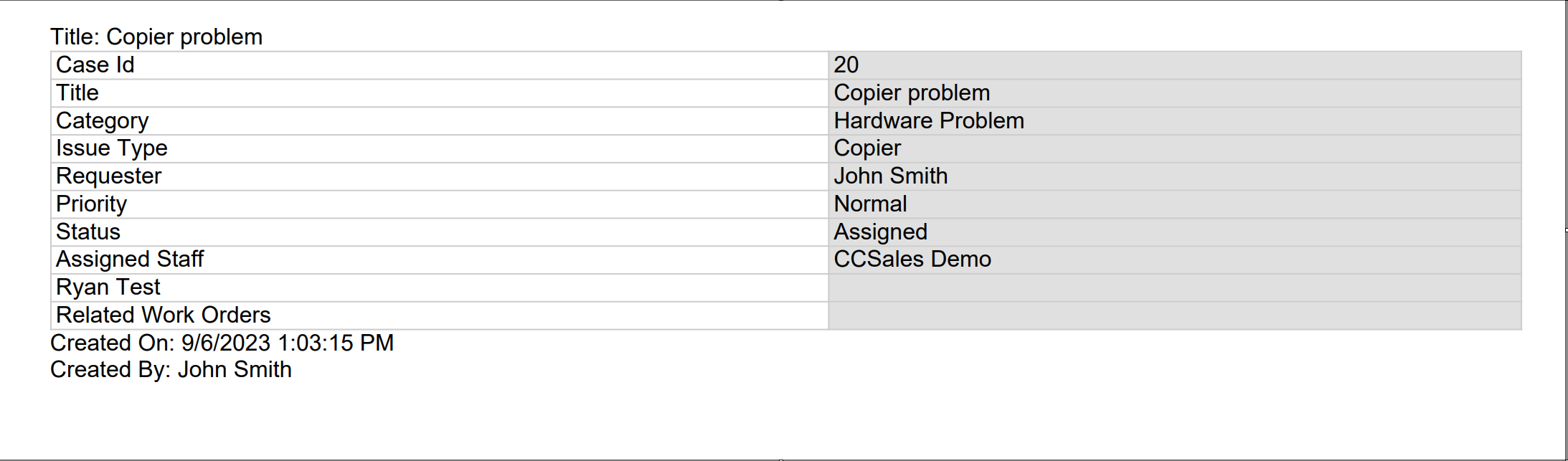 Sample output of table item print